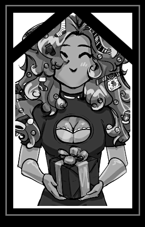 Florence (an anthropomorphised washing machine) offering a Christmas present, in black and white because she has passed.